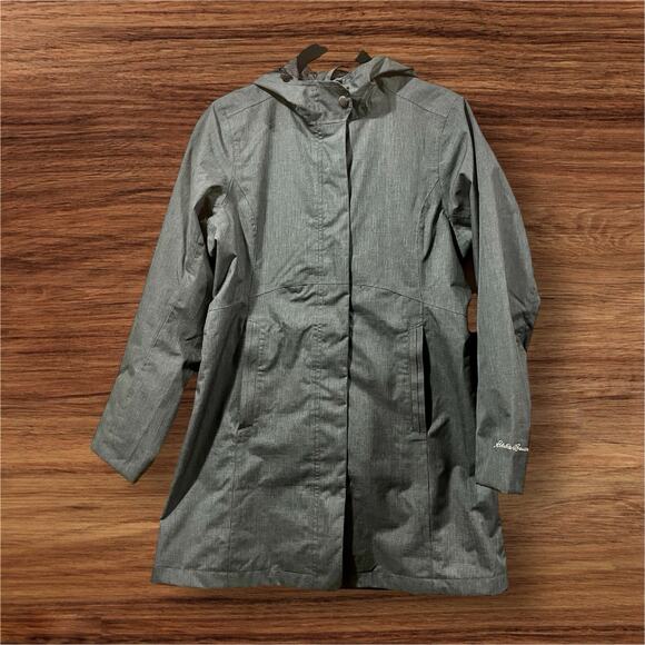 EDDIE BAUER Gray Herringbone Windbreaker Mid-Thigh Lined Jacket Hood Petite XS - Picture 1 of 10